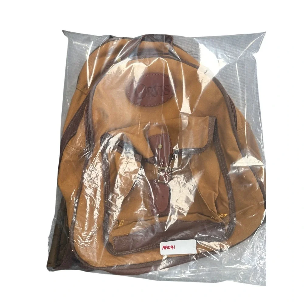 Orvis Backpack Unisex Medium Tan Good Canvas Leather Trim Outdoor Rugged Bag